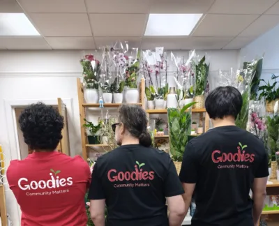 The people with their backs to the camera displaying T-shirts with the Goodies logo